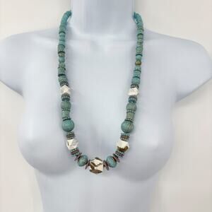 Turquoise and Ivory Bead Necklace, 28" Length, Multi-Textured, Earthy Style